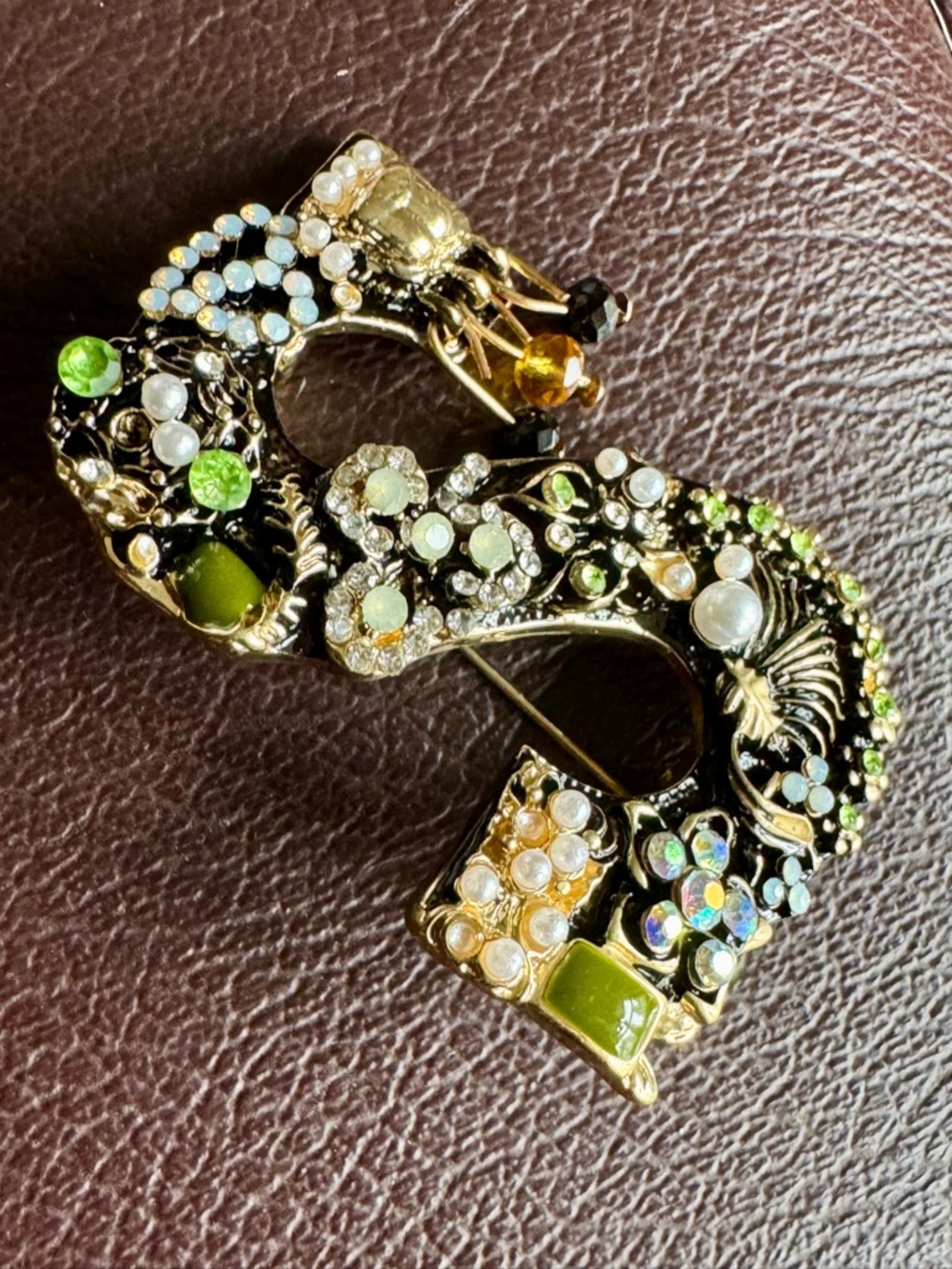 Rhinestone Embellished Brooch S Green and Gold Shaped Brooch Beaded Jewelry